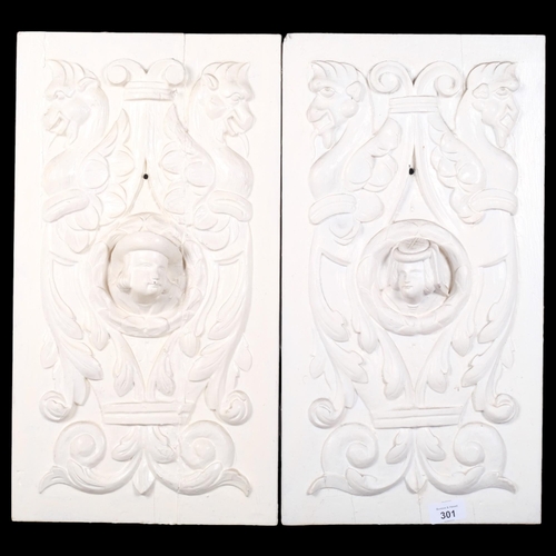 62 - A pair of relief carved wall plaques, figures peering through window, flanked by dragon pillars, lat... 