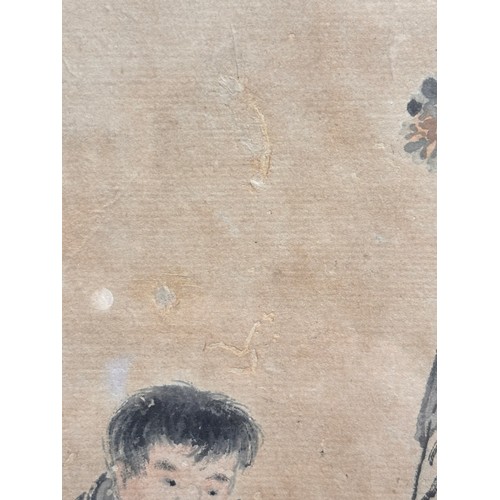 731 - Chinese watercolour scroll painting, 2 figures in landscape, mounted on silk ground and framed, over... 