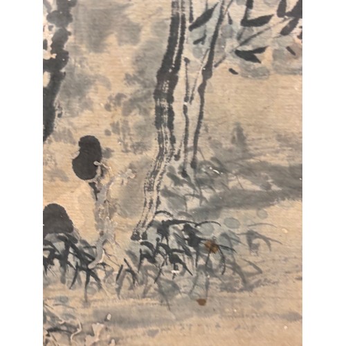 731 - Chinese watercolour scroll painting, 2 figures in landscape, mounted on silk ground and framed, over... 