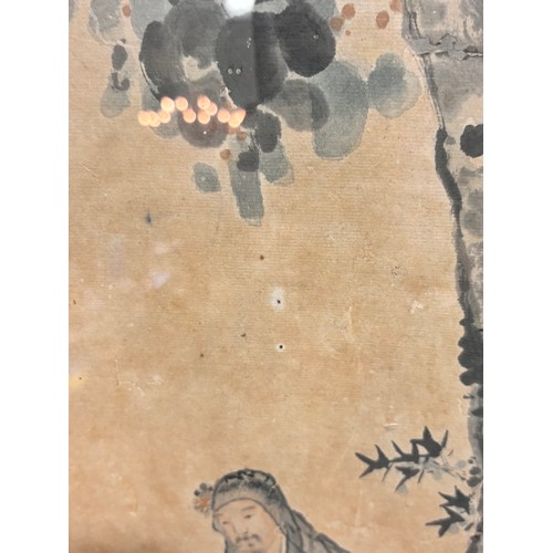 731 - Chinese watercolour scroll painting, 2 figures in landscape, mounted on silk ground and framed, over... 