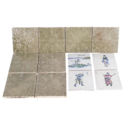 236 - 4 Chinese porcelain tiles, hand painted, all with character marks to surface and maker's stamp to re... 