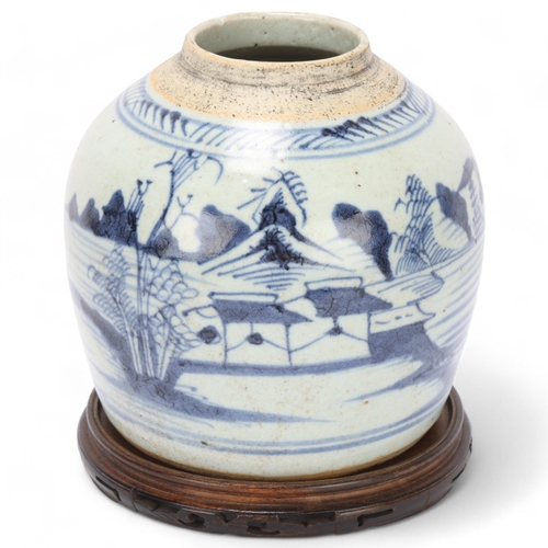 247 - A Chinese blue and white porcelain jar, on carved wood stand, overall height 18cm, no lid