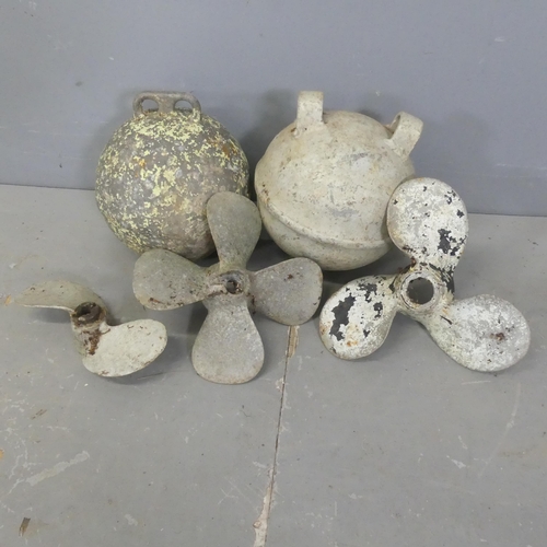 2649 - A Danforth anchor, height 80cm, another anchor, two galvanised metal buoys, and three propellers. (7... 