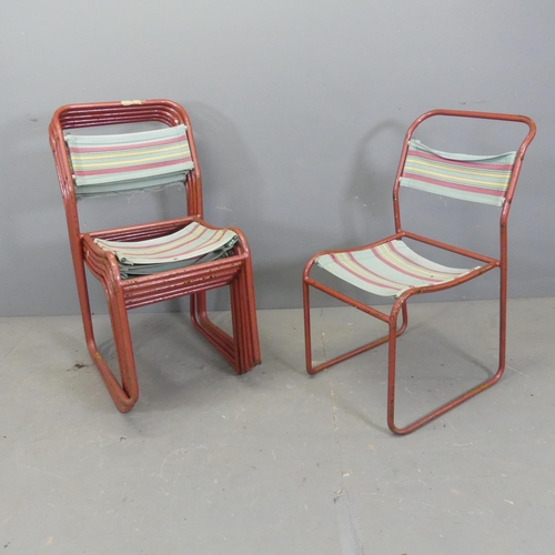 2714 - A set of six mid-century stacking chairs, with sling seats on tubular metal frames.