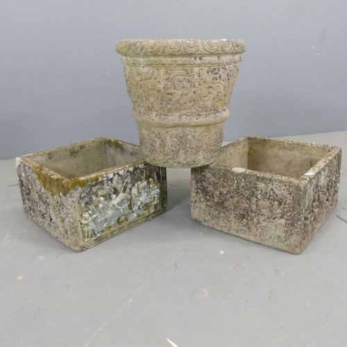 2721 - A pair of square weathered concrete planters, and a circular planter D36cm, H36cm. (3)