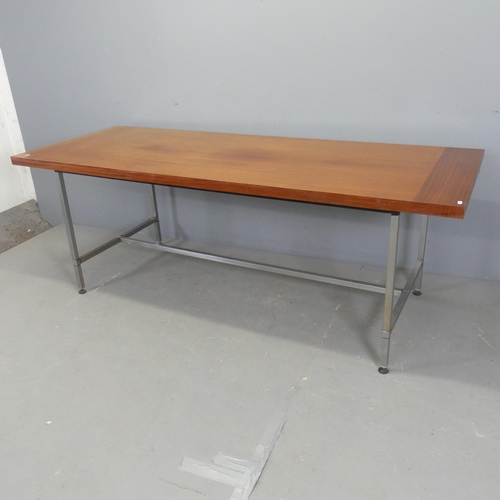 2503 - A modern teak veneered dining table on metal base with H-shaped stretcher. Length 199cm, height 71cm... 