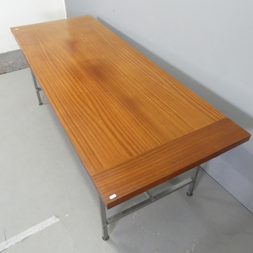 2503 - A modern teak veneered dining table on metal base with H-shaped stretcher. Length 199cm, height 71cm... 