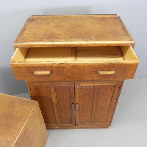 2510 - A mid-century oak tallboy, W84cm, H124cm, D47cm, and a similar low chest of three drawers. (2)