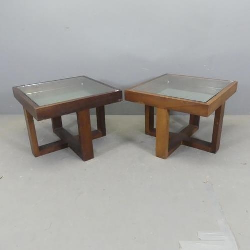 2514 - A pair of mid-century Danish style teak display coffee tables, with inset mirrored panel and glass t... 