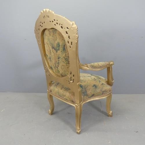 2523 - A modern continental style gilt painted and tapestry upholstered salon open arm chair.