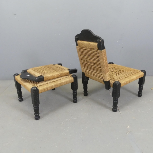 2531 - A pair of Indian painted mahogany low chairs, with jute panels, folding backs and carved decoration.