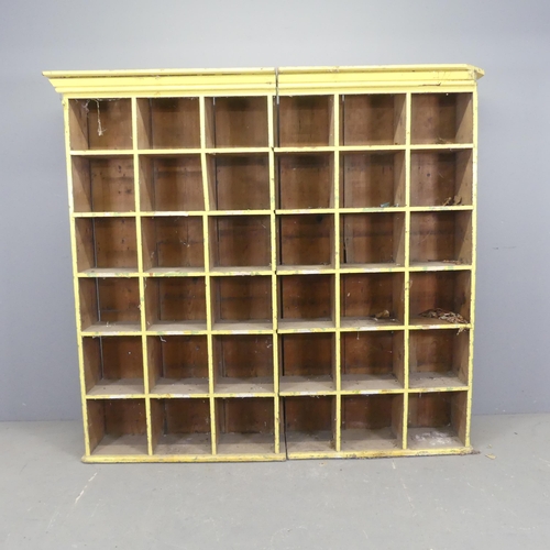 2558 - A vintage painted pine two-section bank of 36 pigeon holes. Overall width 175cm, height 160cm, depth... 