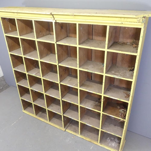 2558 - A vintage painted pine two-section bank of 36 pigeon holes. Overall width 175cm, height 160cm, depth... 