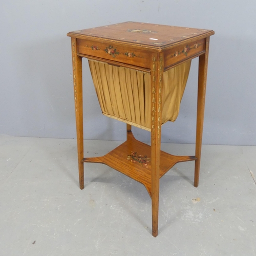 2576 - A Victorian Sheraton style satinwood sewing table, with painted decoration and basket drawer. Width ... 