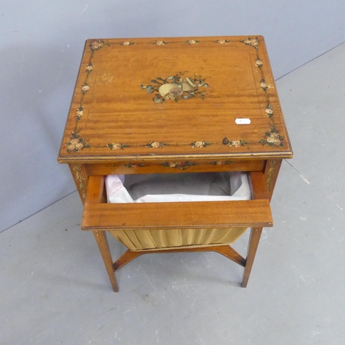 2576 - A Victorian Sheraton style satinwood sewing table, with painted decoration and basket drawer. Width ... 