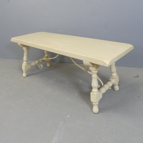 2578 - A painted Spanish low rectangular coffee table, with metal stretcher. Length 120cm, height 47cm, dep... 