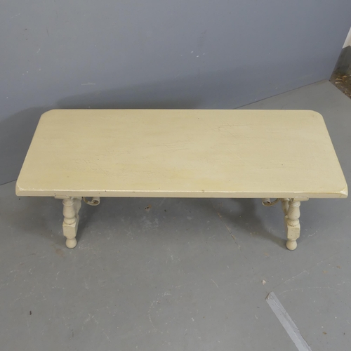 2578 - A painted Spanish low rectangular coffee table, with metal stretcher. Length 120cm, height 47cm, dep... 