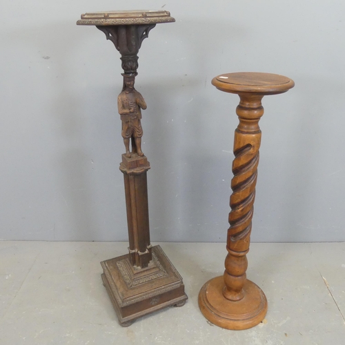 2584 - A gothic oak plant stand, height 100cm, and another mahogany jardiniere stand. (2)