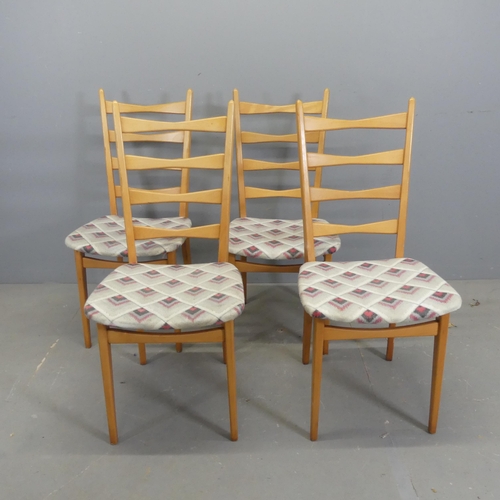 2591 - A set of 4 mid-century teak and upholstered ladderback model 6244 dining chairs, with labels for VEB... 