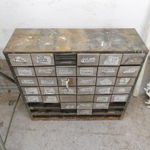 2595 - A vintage painted metal bank of tool drawers. Width 89cm, height 84cm, depth 32cm.