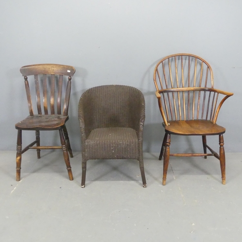 2605 - A Lloyd loom bedroom chair, an elm-seated Windsor kitchen chair, and another elm-seated stick back c... 