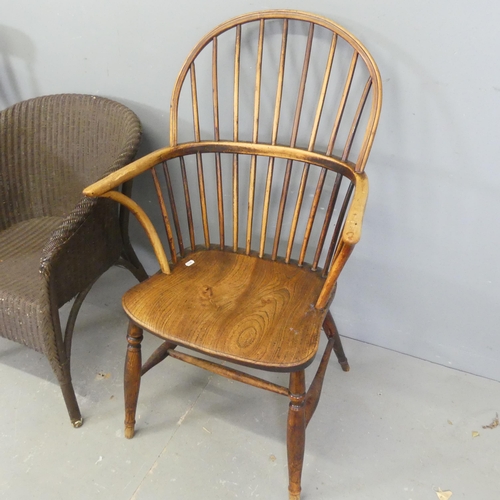 2605 - A Lloyd loom bedroom chair, an elm-seated Windsor kitchen chair, and another elm-seated stick back c... 