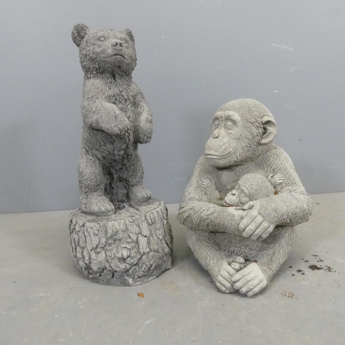 2614 - A concrete bear cup garden statue height 46cm, and a concrete monkey mother and child statue, height... 