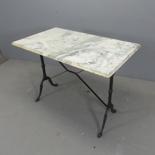 2624 - A French rectangular marbled topped garden table on painted cast iron frame. Length 100cm, height 74... 