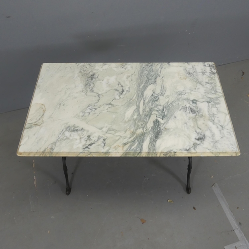 2624 - A French rectangular marbled topped garden table on painted cast iron frame. Length 100cm, height 74... 