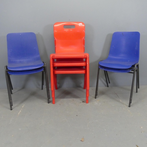 2632 - A set of four Remploy stacking chairs, and a set of three Titan stacking chairs.... 