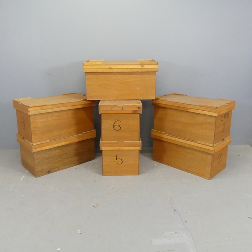 2636 - Seven Japanese vintage pine stacking boxes. Width 66cm, height 34cm, depth 36cm.