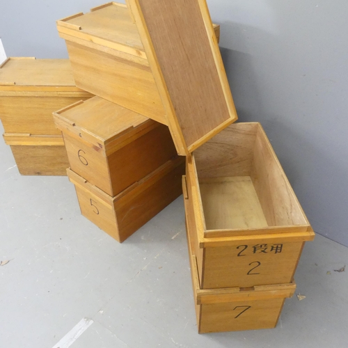 2636 - Seven Japanese vintage pine stacking boxes. Width 66cm, height 34cm, depth 36cm.