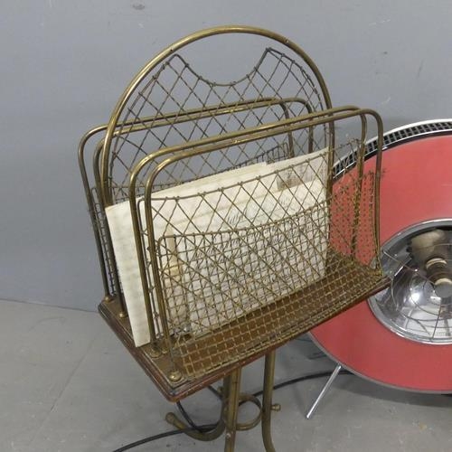 2643 - A 19th century brass magazine rack, H86cm. a mid-century fan heater and a commode. (3)