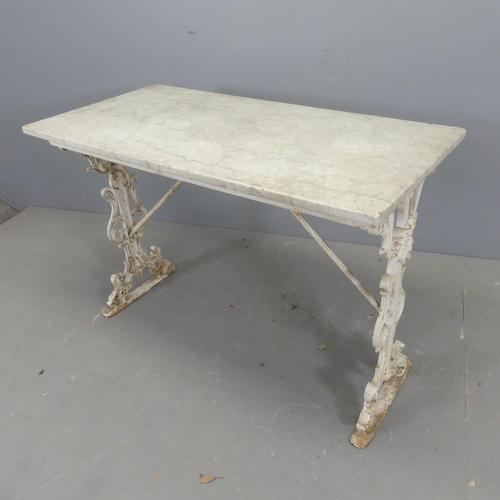 2659 - A rectangular marble topped garden table on painted cast iron frame. Length 106cm, height 70cm, widt... 