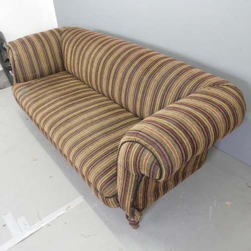 2661 - A Victorian upholstered rollover-arm Chesterfield settee. Overall length 220cm, Height 77cm, depth 9... 