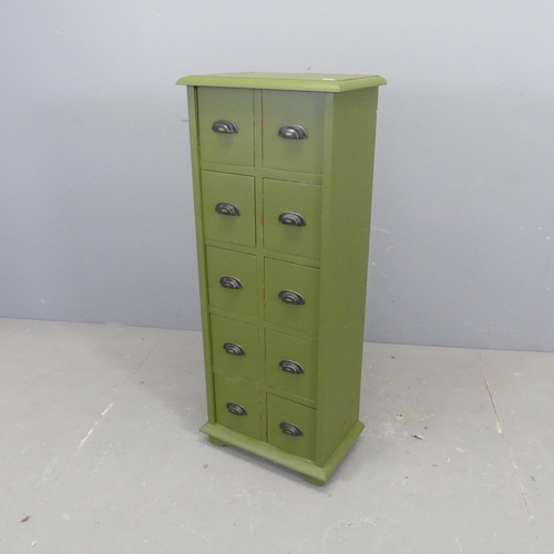 2668 - A painted teak narrow Apothecary style chest of ten drawers. Width 41cm, height 102cm, depth 26cm.