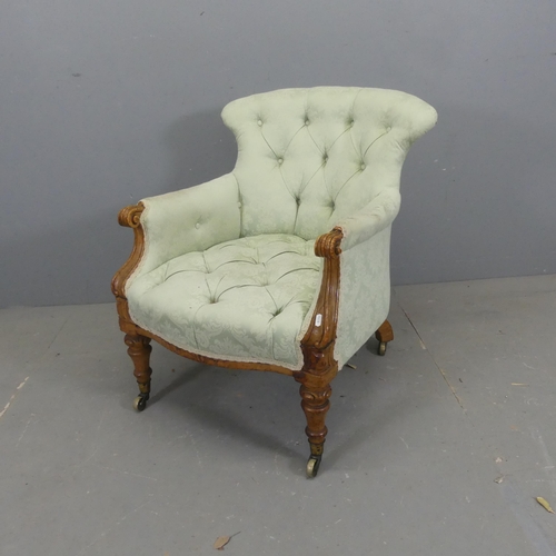 2674 - A Victorian walnut and upholstered parlour chair of small proportions.