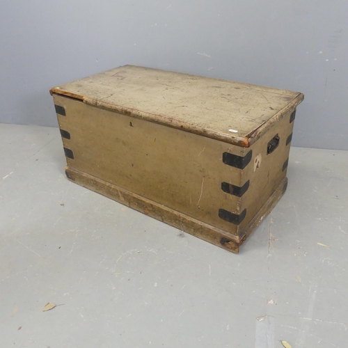 2680 - A vintage stained pine and metal bound blanket box. Width 89cm, height 44cm, depth 48cm.