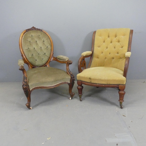 2685 - A Victorian walnut and button-back upholstered spoon back parlour chair, and another Victorian mahog... 