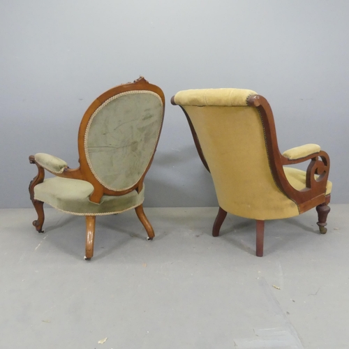 2685 - A Victorian walnut and button-back upholstered spoon back parlour chair, and another Victorian mahog... 