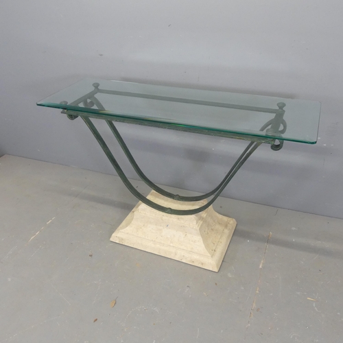 2689 - A 1980s French console table, with glass top on bronzed metal frame and travertine base. Width 120cm... 