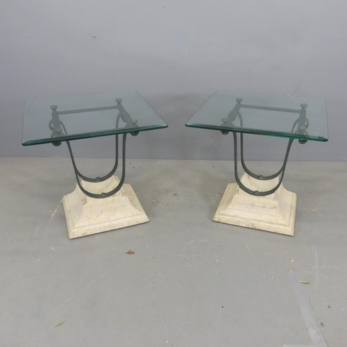 2690 - A pair of 1980s French occasional tables, with square glass tops on bronzed metal frame with travert... 