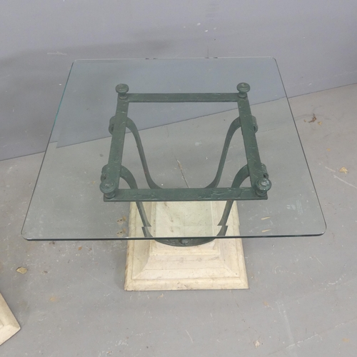 2690 - A pair of 1980s French occasional tables, with square glass tops on bronzed metal frame with travert... 