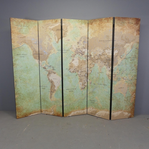 2717 - A modern four-fold room divider screen with printed geographic design. Each panel width 45cm, height... 