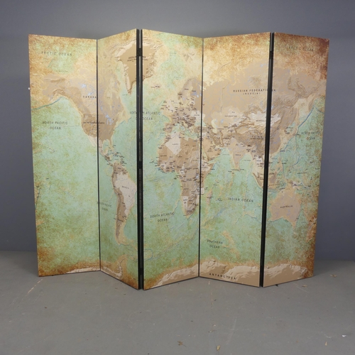 2717 - A modern four-fold room divider screen with printed geographic design. Each panel width 45cm, height... 