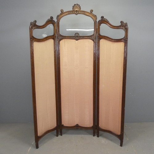 2719 - A French Louis XVI style oak three-panel room divider screen, with glazed and upholstered panels and... 