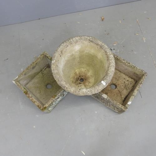 2721 - A pair of square weathered concrete planters, and a circular planter D36cm, H36cm. (3)