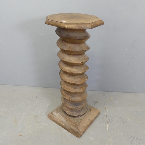 2729 - A French oak and elm spiral turned pedestal. Height 80cm.