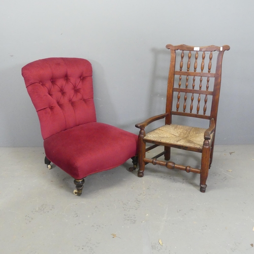 2730 - A Victorian mahogany and button-back upholstered nursing chair, and a bobbin back chair. (2)