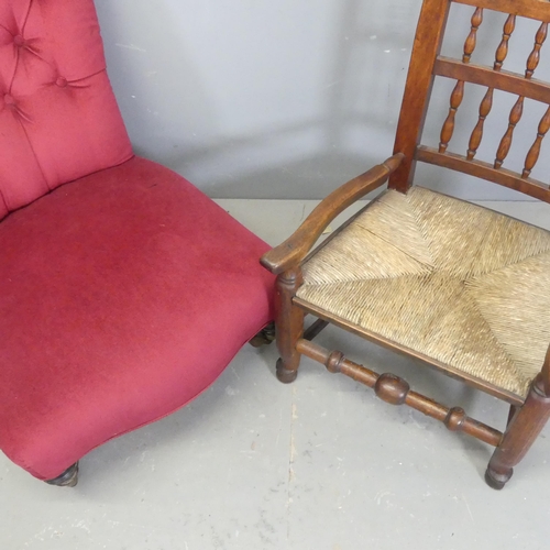 2730 - A Victorian mahogany and button-back upholstered nursing chair, and a bobbin back chair. (2)